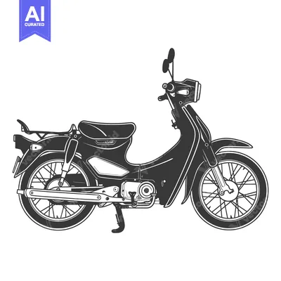 A detailed monochrome depiction of a small two wheeled motorbike