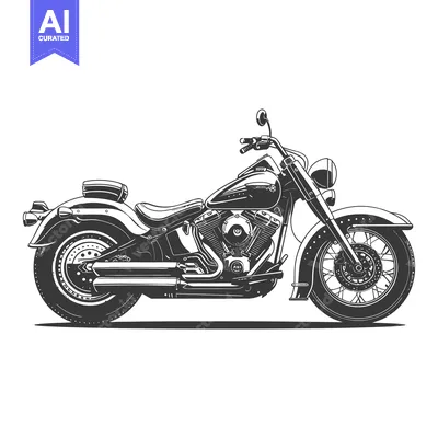 Aset desain premium: Detailed monochrome illustration depicts a classic motorcycle on a whi