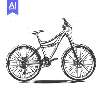 Premium design asset: A detailed black and white illustration of a mountain bike