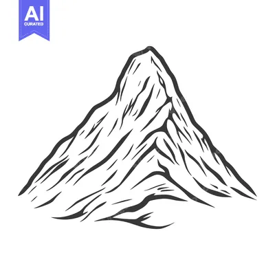 Premium design asset: A detailed black and white illustration of a mountain peak