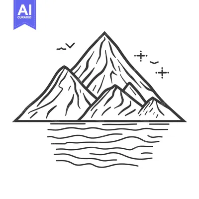 Popular premium asset: Simple black and white illustration of mountain landscape and water