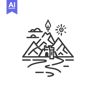 Premium design asset: Mountainous Landscape with a Tower and a River