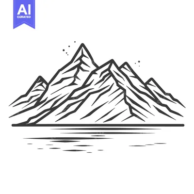 Aset premium populer: A stylized black and white illustration of mountain range and water