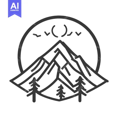Aset premium populer: A circular mountain scene with trees and stylized birds