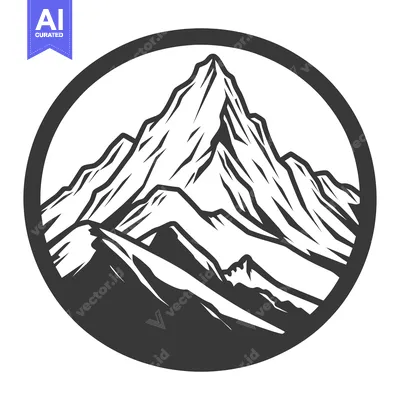 Aset desain premium: A monochrome illustration featuring rugged mountain peaks inside a cir