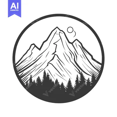 Aset desain premium: A monochrome graphic depicts a mountain landscape inside a circle