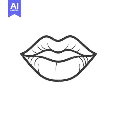 Aset desain premium: A stylized monochrome outline illustration of human lips is present