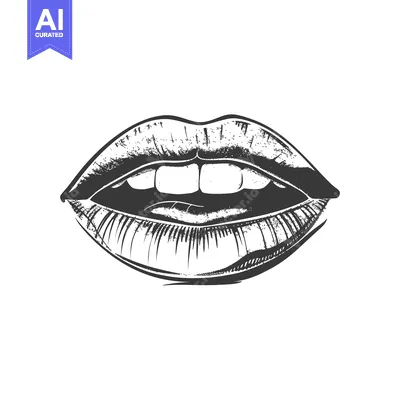 Aset premium populer: A detailed black and white illustration of opened human lips