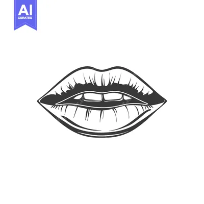 Aset desain premium: A detailed black and white illustration of smiling human lips