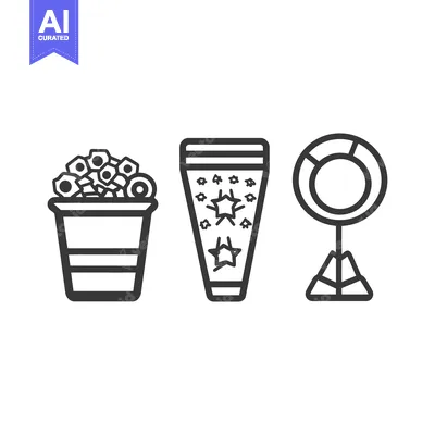 Aset premium populer: Three stylized objects depicted in black and white line art