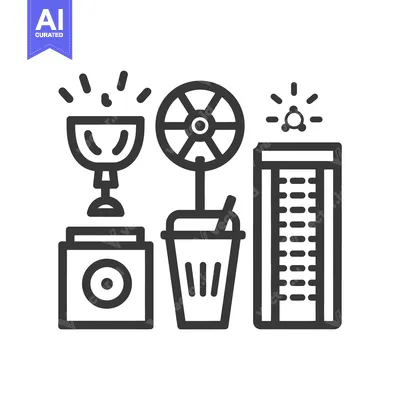 Aset premium populer: Black and white graphic icons representing technology and refreshment