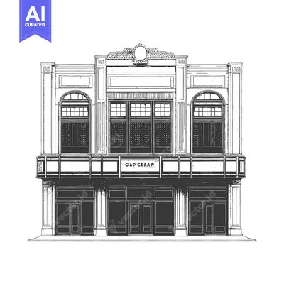 Aset desain premium: A detailed architectural illustration featuring a vintage building fro