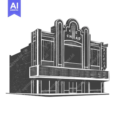 Aset premium populer: An illustration of a vintage style movie theatre building facade