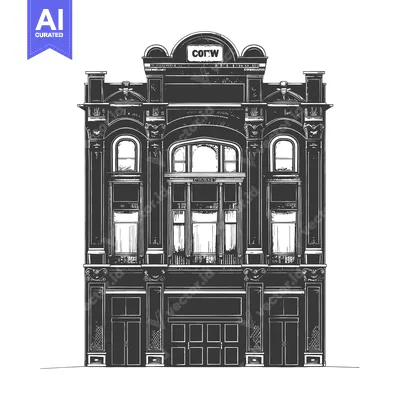Aset premium populer: A detailed black and white architectural illustration of a classic bui
