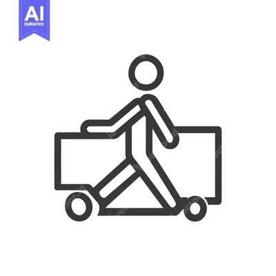 Aset premium populer: A simple illustration shows a person walking next to a wheeled contain