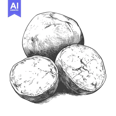 Aset premium populer: Three potatoes illustrated in black and white artistic drawing style