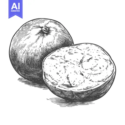 A detailed line drawing shows a whole fruit and a cut fruit