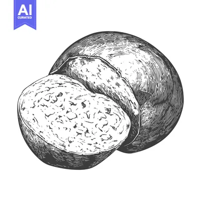 Aset premium populer: A detailed engraved illustration depicts a halved round food item