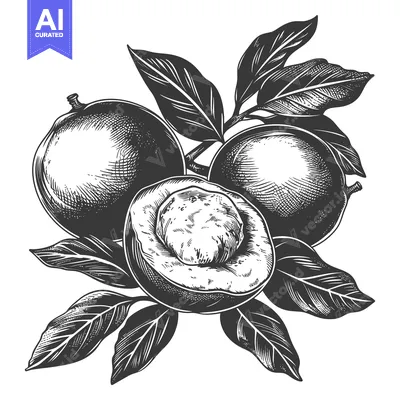 A black and white botanical illustration of fresh fruits and leaves