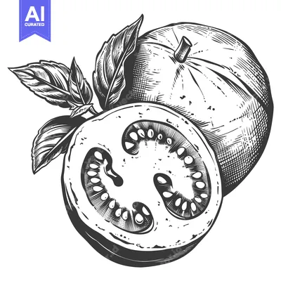 Aset desain premium: A detailed artistic illustration featuring ripe tomatoes and basil lea