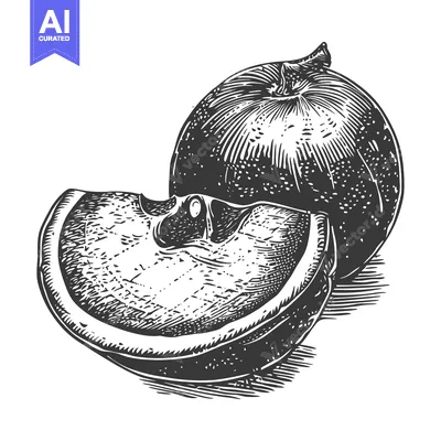 Aset desain premium: A detailed grayscale illustration depicts a plum with a slice