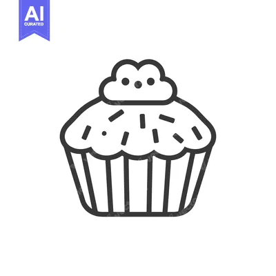A single black and white line drawing of a cupcake