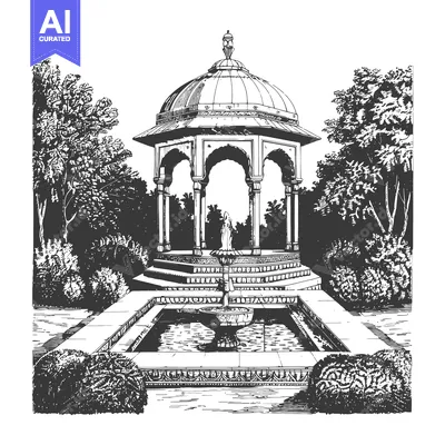 Premium design asset: Ornate Gazebo with Fountain and Surrounding Greenery