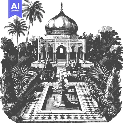 An Enchanting Courtyard with a Domed Pavilion and a Central Fountain