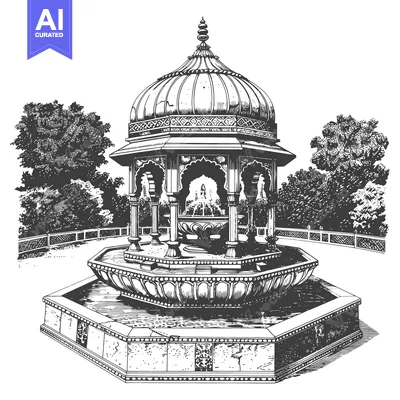 Ornate Stone Fountain with Dome-Shaped Roof in a Garden Setting