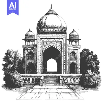 Premium design asset: Hand-Drawn Sketch of a Grand Ornate Indian Structure with Arched Entry