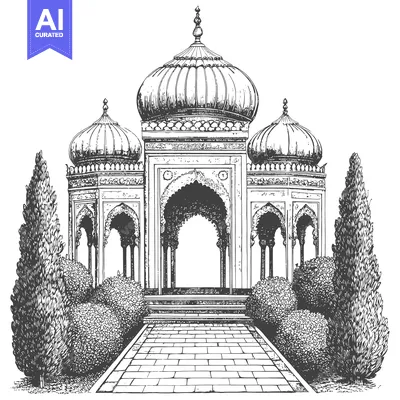 Aset premium populer: Hand-Drawn Sketch of an Ornate Pavilion with Trees and a Stone Path
