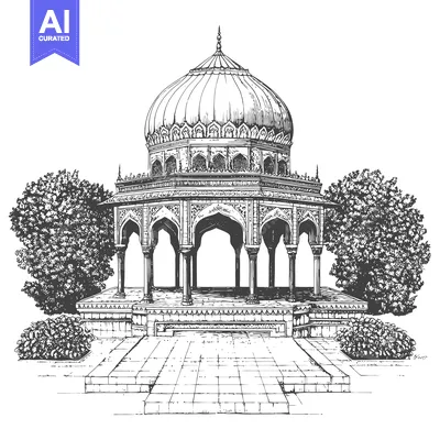 Aset premium populer: A Hand-Drawn Illustration of an Ornate Domed Pavilion with Columns and