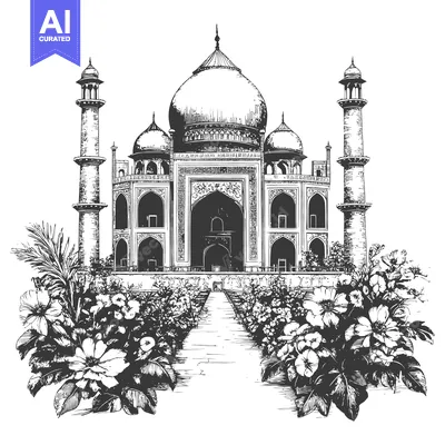 Hand-Drawn Sketch of the Taj Mahal with Floral Accents