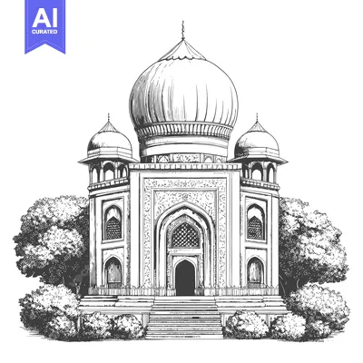 Hand-drawn sketch of an ornate domed building with trees and steps