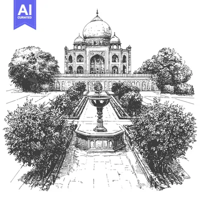 Aset desain premium: Hand-Drawn Sketch of the Taj Mahal with a Fountain and Trees
