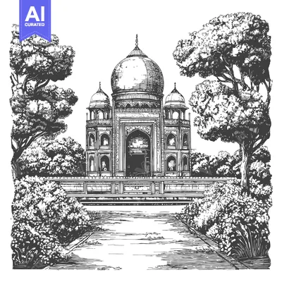Hand-Drawn Illustration of an Indian Architectural Structure Surrounde