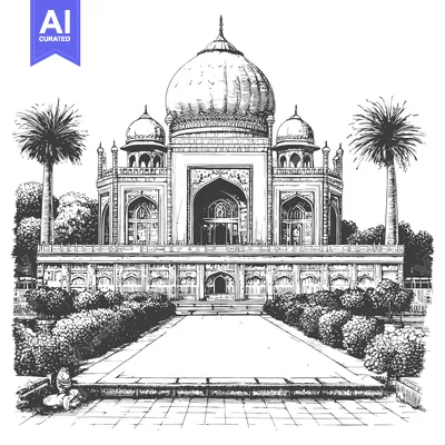 Hand-drawn illustration of a grand, domed mausoleum with palm trees an