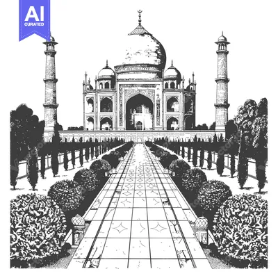 A Black and White Sketch of the Taj Mahal with a Pathway Leading to th