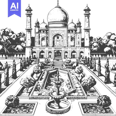 Aset desain premium: Hand-drawn Illustration of a Majestic Mosque with a Fountain in the Co