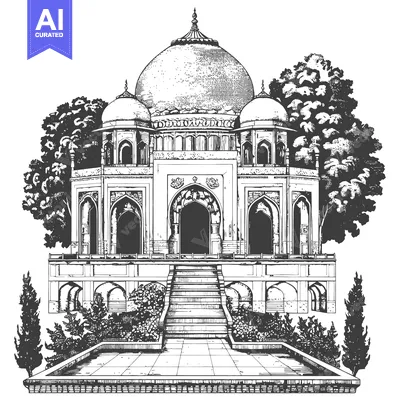 Hand-drawn illustration of a grand Islamic building with a dome and mi