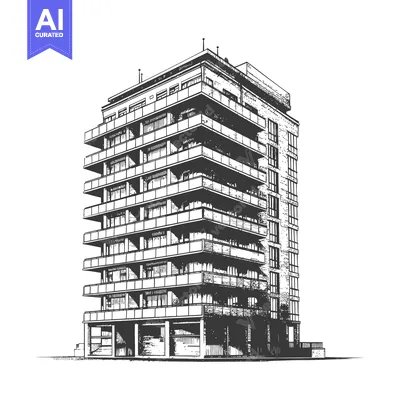Modern apartment building with balconies depicted in monochrome archit