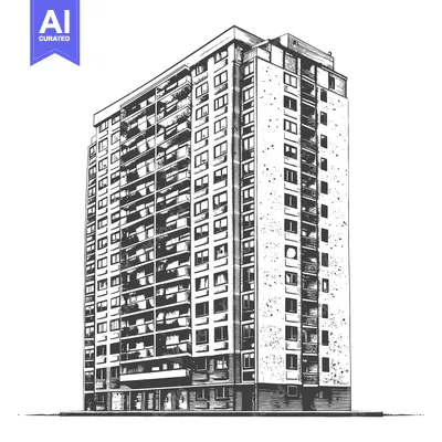 Aset premium populer: A tall residential building with numerous windows and balconies presen