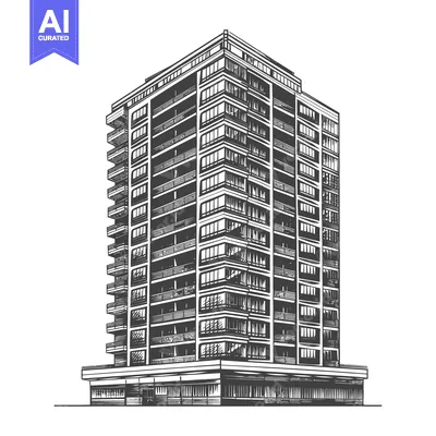 Aset premium populer: A monochrome illustration of a tall urban apartment building
