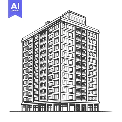 Aset premium populer: Detailed monochrome illustration of a tall modern apartment building