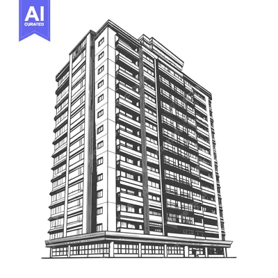 Aset premium populer: A tall residential building shown in black and white perspective
