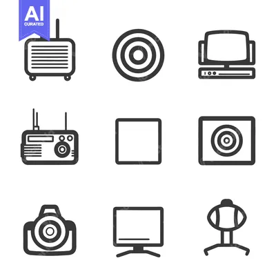 Aset premium populer: Collection of stylized illustrations representing various technologica