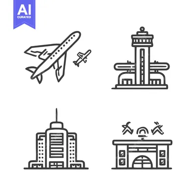 Aset premium populer: Airport Icons Set: Airplane, Control Tower, Terminal, Building - Line
