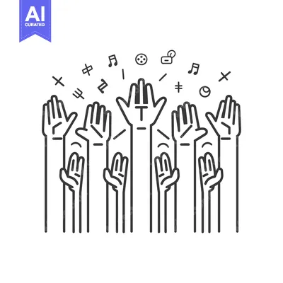 Aset desain premium: Multiple Hands Reaching Upwards with Abstract Symbols