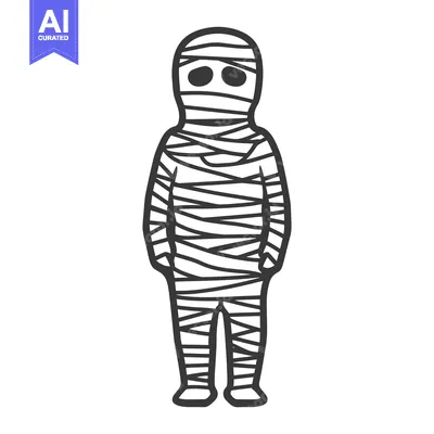 Aset desain premium: A monochrome drawing depicts a wrapped up human mummy figure