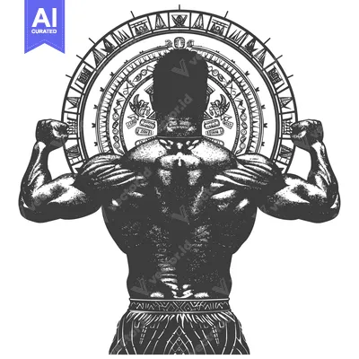Aset desain premium: Muscular Man with Ornate Circular Design Above Him